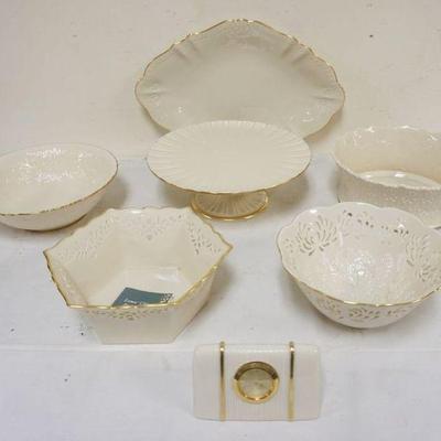 1176	LENOX GROUP OF 7 ASSORTED  PIECES INCLUDING CAKE STAND, RETICULATED BOWLS, SERVING PLATTER & CLOCK
