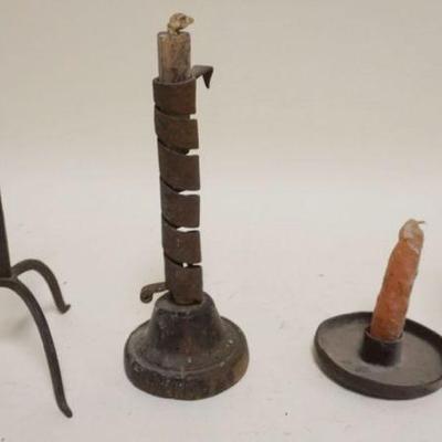 1211	GROUP OF 3 PRIMITIVE CANDLE HOLDERS, TALLEST APPROXIMATELY 10 IN
