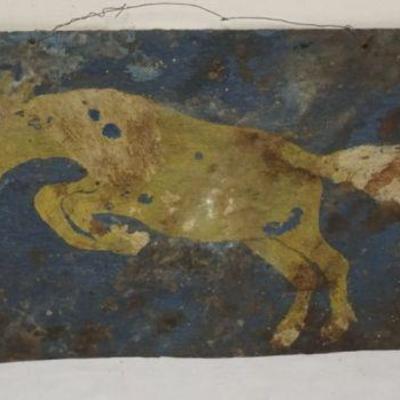 1160	ANTIQUE PRIMITIVE FOLK ART PAINTING ON METAL, APPROXIMATELY 22 IN X 9 IN
