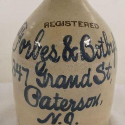 1170	BLUE SCRIPT STONEWARE JUG, PATTERSON NJ, FORBES & BOTBYL, APPROXIMATELY 9 1/2 IN H
