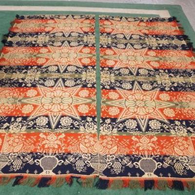 1176	ANTIQUE COVERLET 1850 JOHN KIRST, CENTER TOWNSHIP, ELIS A FAUST, APPROXIMATELY 99 IN X 83 IN, SEPERATED AT SEAM IN CENTER
