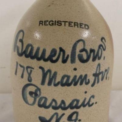1168	BLUE SCRIPT STONEWARE JUG, PASSAIC BAVER BROS, APPROXIMATELY 12 IN H
