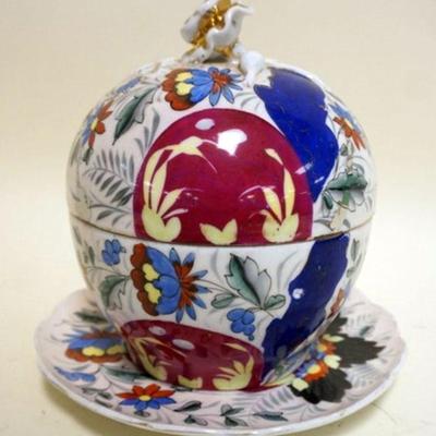 1111	ANTIQUE PORCELAIN COVERED BOWL WITH UNDER PLATE, APPROXIMATELY 10 IN
