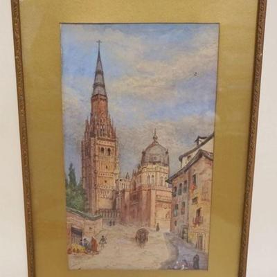 1107	WATERCOLOR OF STREET SCENE WITH CATHEDRAL, APPROXIMATELY 13 IN X 20 IN OVERALL, IMAGE 8 IN X 14 IN
