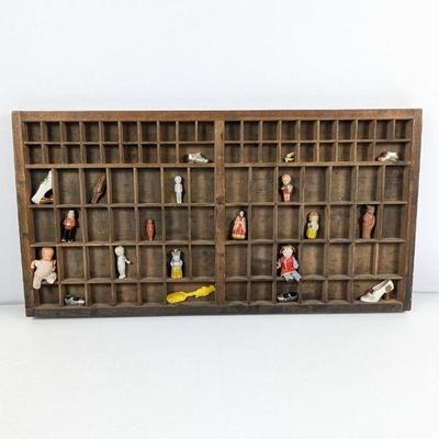 Antique Printer's Letterpress Tray with Vintage Figurines & Trinkets