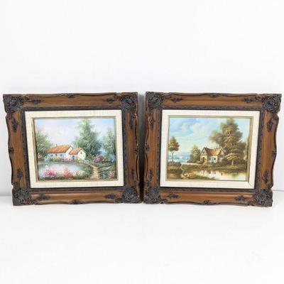 Vintage Framed Cottage Landscape Paintings - Set of 2