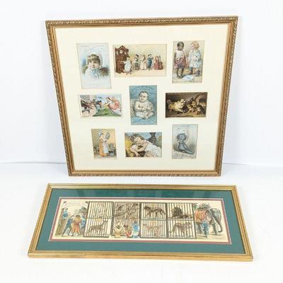 Framed Victorian Advertising Trade Cards and "A Visit to the Zoo" Print