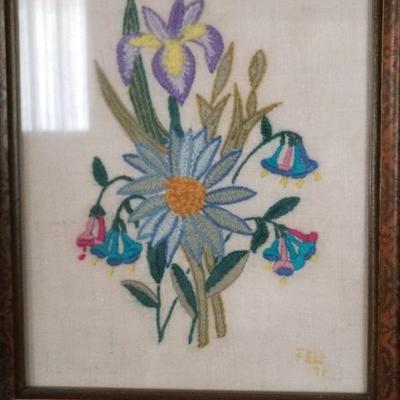 Needlework picture in antique shadow box frame
