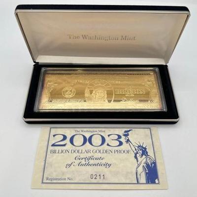 #3008 • 2003 Billion Dollar .999 Pure Silver Layered in Pure 24kt Gold Bar, 4ozt
