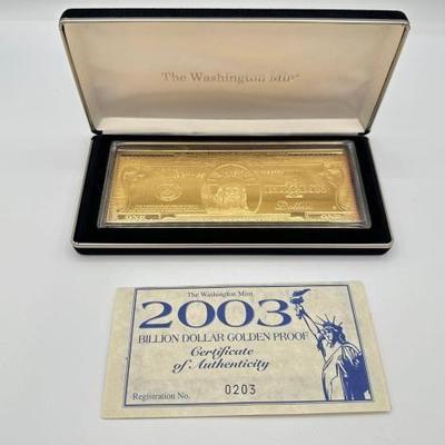 #3002 • 2003 Billion Dollar .999 Pure Silver Layered in Pure 24kt Gold Bar, 4ozt

