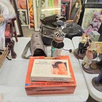 #1620 • Massaging Hairbrush, Remote Control DuōFone TAD-112A, Vintage Hamilton Beach Soda Fountain Malt Mixer, Military Gas Mask Bag with...