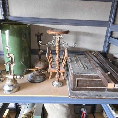 #13070 • Vintage Grain Miller, Vintage Table Lamp, Lamp Base, Ceramic Planter, Vintage Wheeler & Wilson Sewing Machine
