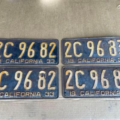#6510 • 2 Pairs of 1933 Sequential California License Plates
