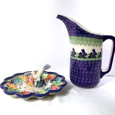 GRLI224 Polish Pottery Bunny Theamed Pieces	"Bunny Love" pattern water pitcher. Colorful egg plater. 
