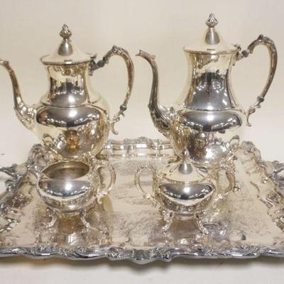 1109	5 PIECE SILVER PLATE TEA SET, TRAY APPROXIMATELY 16 IN X 25 IN
