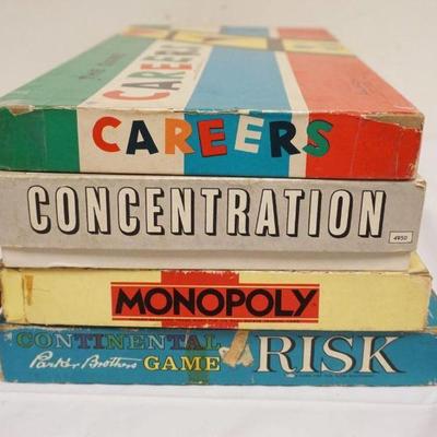 1244	4 VINTAGE BOARD GAMES INCLUDING CAREERS, CONCENTRATION, MONOPOLY, RISK, UNSURE IF COMPLETE
