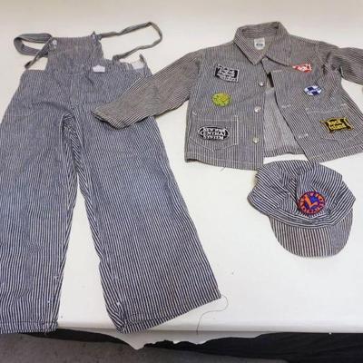 1295	VINTAGE CHILD'S SIZE 8 TRAIN CONDUCTOR UNIFORM W/PATCHES, JEACKET, CAP & BIB OVERALLS
