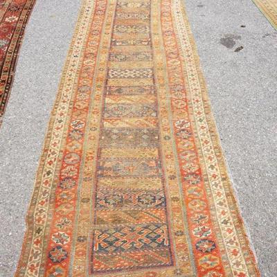 1219	ANTIQUE HAND WOVEN ORIENTAL RUNNER, APPROXIMATELY 3 FT 5 IN X 14 FT 3 IN, WORN 
