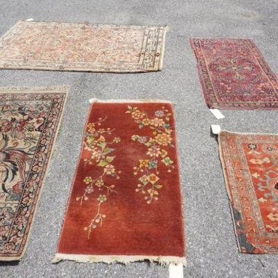 1226	GROUP OF 5 PERSIAN THROW RUGS, LARGEST APPROXIMATELY 3 FT 7 IN X 5 FT 8 IN, ALL HAVE WEAR
