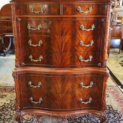 1175	MAHOGANY 6 DRAWER SERPENTINE TALL CHEST, FLAMED BURL BOOK MATCHED DRAWER FRONTS, APPROXIMATELY 41 IN X 22 IN X 60 IN H
