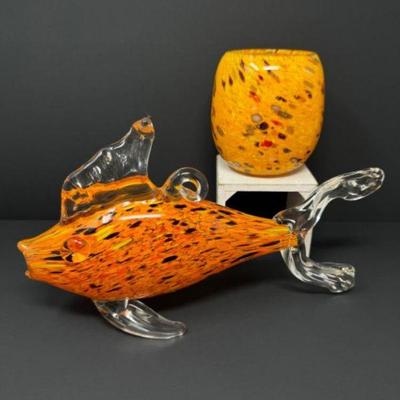  Orange Fish & Spatter Art Glass Candle Votive