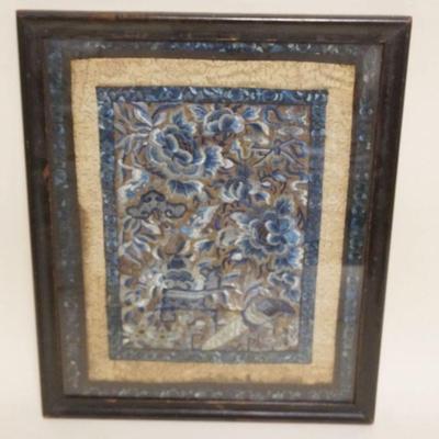 1104	FRAMED EMBROIDERED CHINESE SILK, APPROXIMATELY 15 IN X 18 IN OVERALL, SOME STAINING
