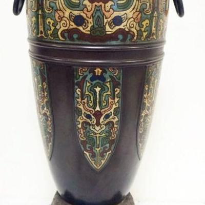 1219	LARGE BRONZE CLOISONNE URN WITH ELEPHANT FEET AND ELEPHANT TRUNK HANDLES, APPROXIMATELY 25 IN H, LOSS TO TUSK ON BASE
