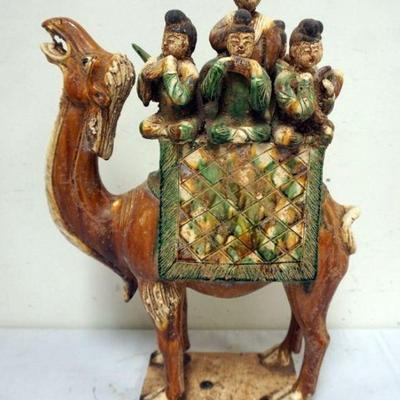 1185	CHINESE TERRACOTTA FIGURE OF CAMEL WITH MUSICIANS RIDING ON TOP, APPROXIMATELY 6 IN X 17 IN X 21 IN H
