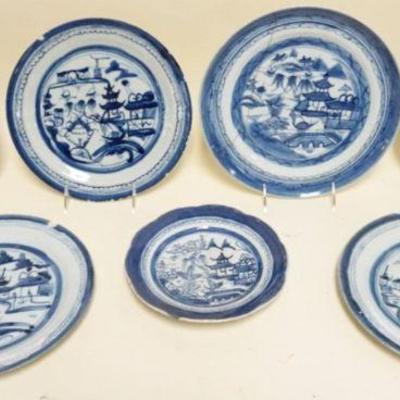 1130	CHINESE CANTON GROUP OF 7 DISHES, LARGEST APPROXIMATELY 10 1/2 IN, MOST WITH DAMAGE - CHIPS, CRACKS, STAPLE REPAIR

