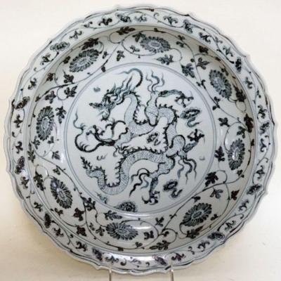 1120	LARGE ASIAN PORCELAIN BOWL WITH IMAGES OF DRAGONS, APPROXIMATELY 16 IN X 3 IN H
