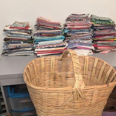 Fabric Crafting Lot - Assorted Fabric Pieces with Wicker Basket