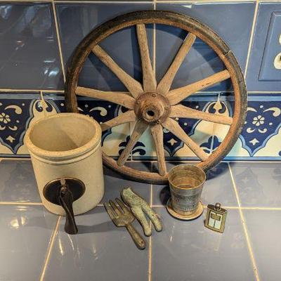 Antique Household Collectibles - Wagon Wheel, Collapsible Cycling Cup, Collectible Match King Lighter & More