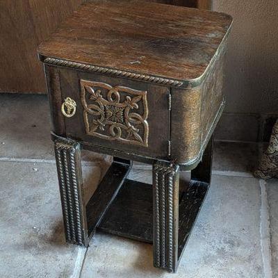 Antique Carved Wood Side Table with Storage