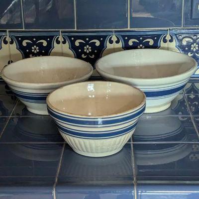 Vintage Stoneware Blue Banded Mixing Bowls