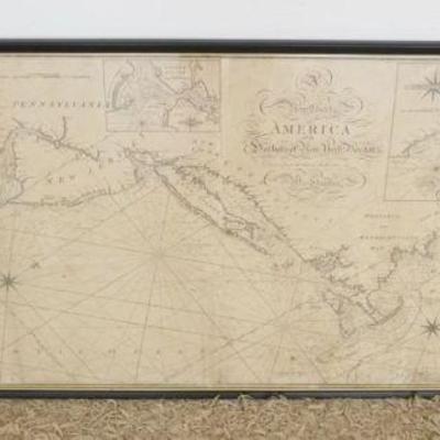 1121	LARGE FRAMED ANTIQUE MAP *A NEW CHART OF AMERICA WITH THE HARBORS OF NEW YORK & BOSTON* STEPHONTON SCULP PUBLISHED BY HEATHER...