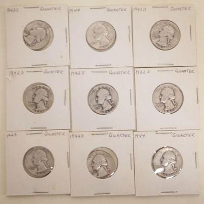 1202	GROUP OF 9 ASSORTED SILVER WASHINGTON QUARTERS
