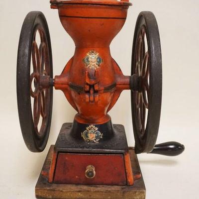 1108	ANTIQUE ENTERPRISE MINIATURE 2 WHEEL COFFEE GRINDER, APPROXIMATELY 13 IN HIGH
