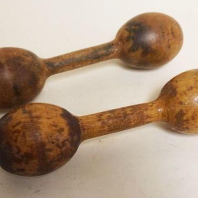 1105	PAIR  ANTIQUE SPAULDING WOOD DUMBELLS, EACH APPROXIMATELY 9 IN
