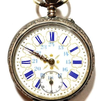 Wilhelmina 800 Silver Pocket Watch Enamel Faced