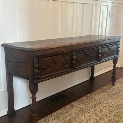 Spanish Baroque walnut table with 3 drawers
72” long 32” tall 19 1-2” deep
