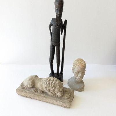 Lot #148 - Unique Art Lot - African Carving, Concrete Lion, & Bust Sculpture