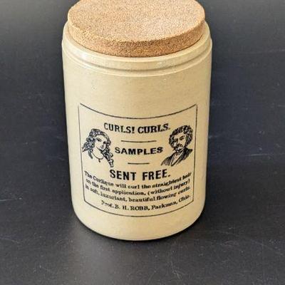 Lot #154 - Vintage Curls Curls Advertising Stoneware Crock Jar Made in England