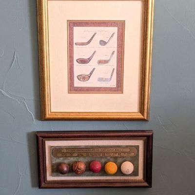 Lot #88 - Vintage Golf Memorabilia Lot - Framed Golf Club Illustrations & Historical Golf Balls Collection
