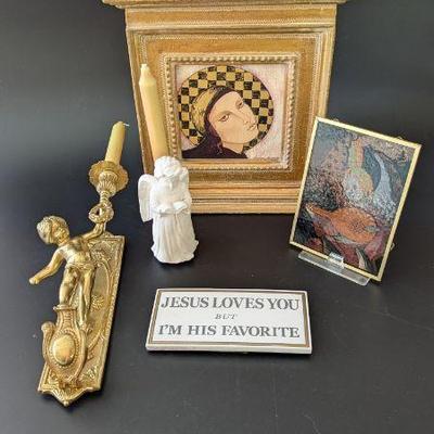 Lot #151 - Christine Garner Woodburning of Italian Tabernacle, Angel Stained Glass, Candle Holders & Funny Sign