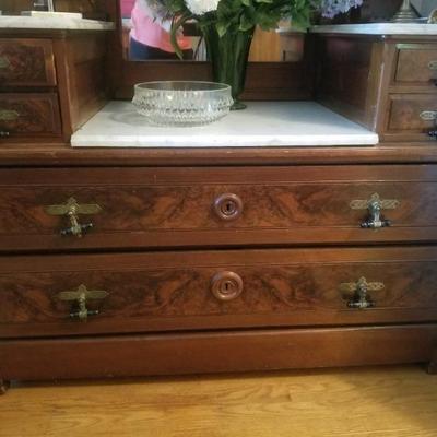 Burl walnut drop front dresser/marble inserters