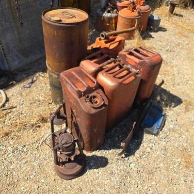 #1072 • 5 Jerry Cans 2 Latterns and Two 5 gal Drums
