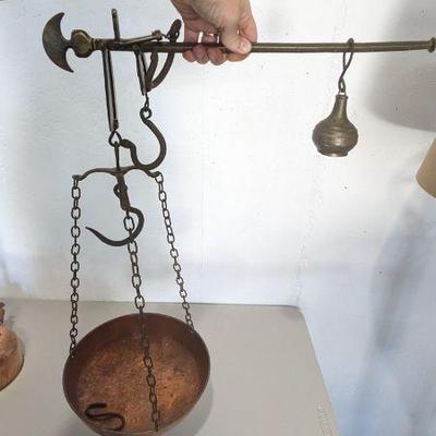 Lot #B130 - Vintage Brass & Copper Balance Hanging Scale with Hooks, Weight and Pan