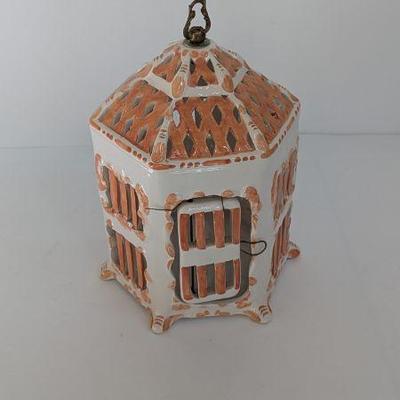 Lot #B124 - Vintage Italian Ceramic Pottery Bird Cage In Terracotta And White