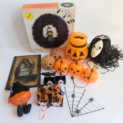 Lot #B152 - Halloween Decor Lot - Pumpkin Decorations, Witch Figure, Spider Webs & More