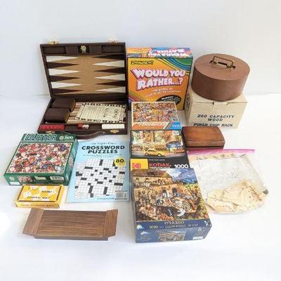 Lot #B149 - Game & Puzzle Lot - Backgammon, Mini Chess Set, Crossword Puzzles, Jigsaw Puzzles & More